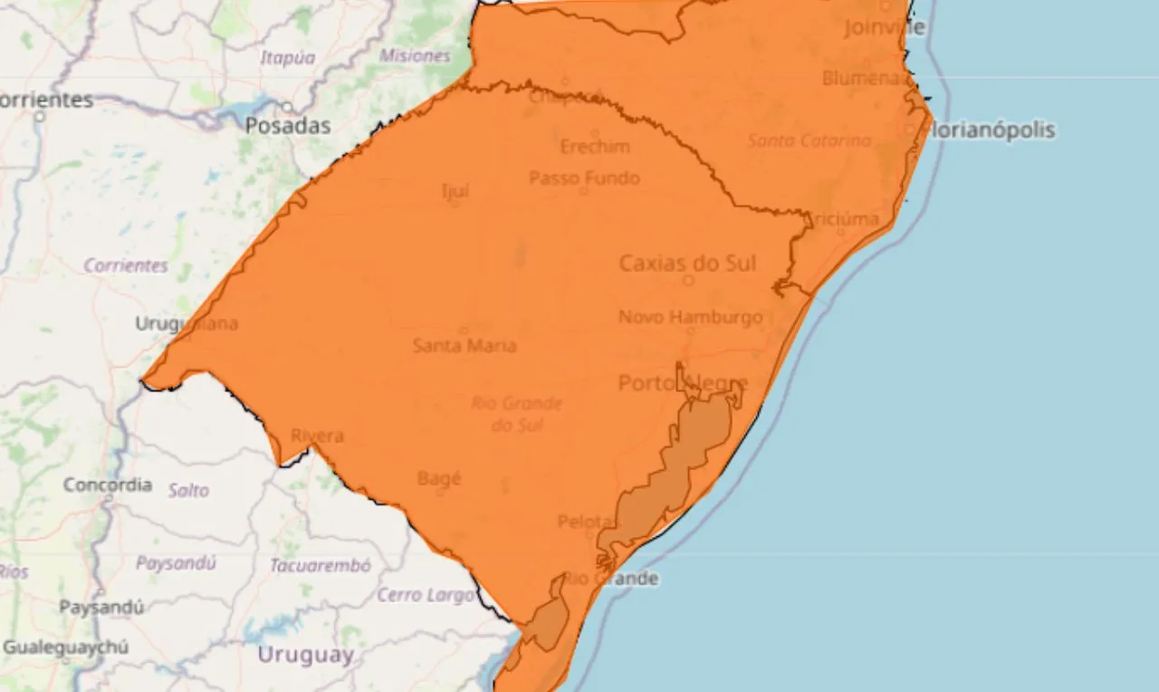 o mapa mostra &aacute;reas em alerta para tempestades e ventania